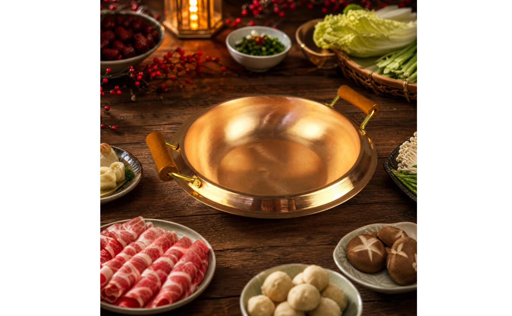 Copper Hot Pot with Wooden Handles Induction Compatible Copper Hot Pot Wide Rim