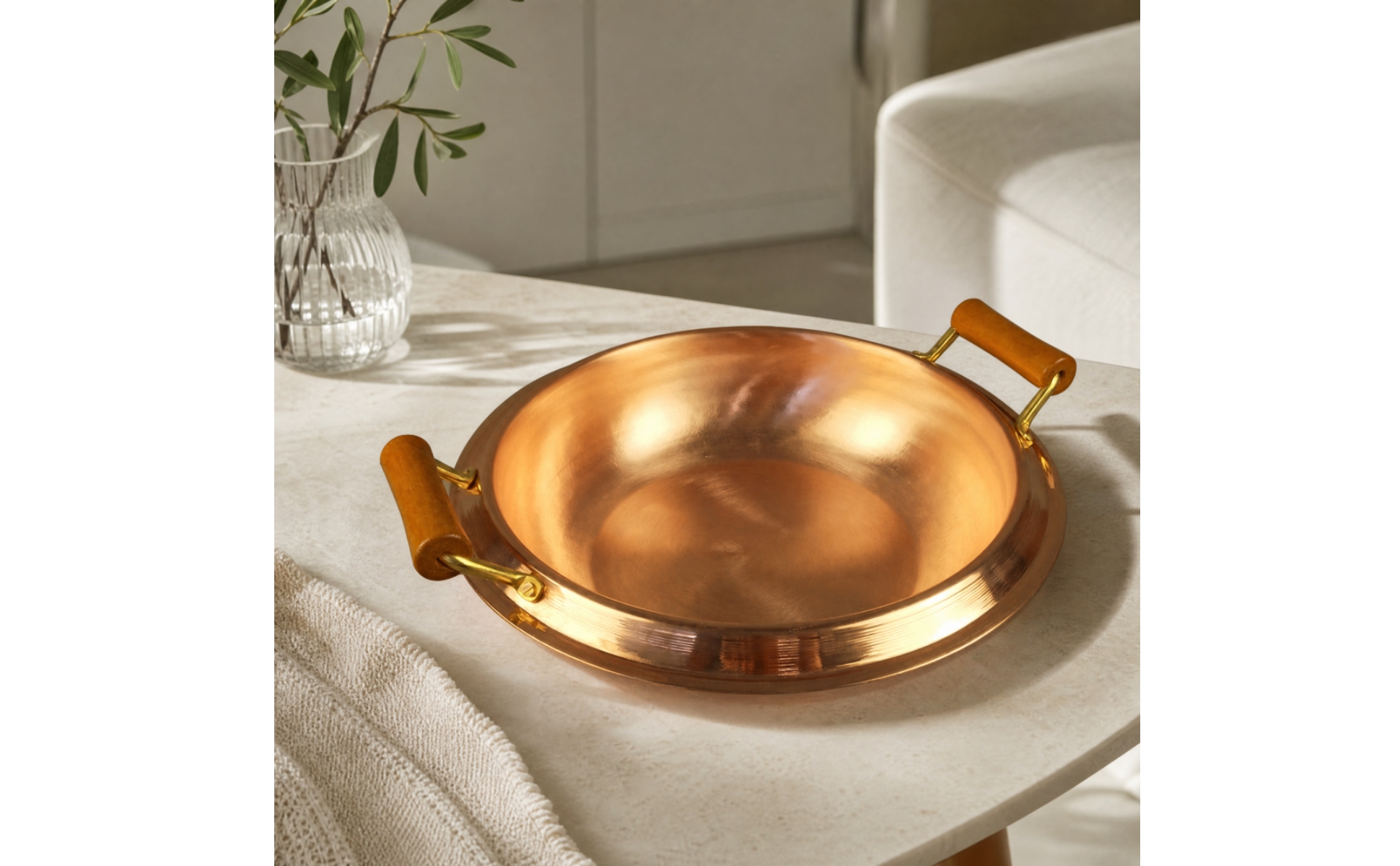 Copper Hot Pot with Wooden Handles Induction Compatible Copper Hot Pot Wide Rim
