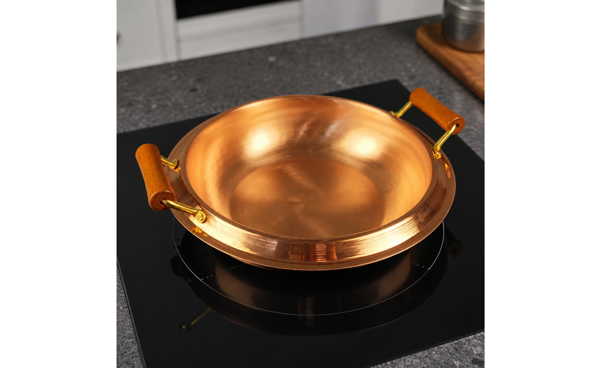 Copper Hot Pot with Wooden Handles Induction Compatible Copper Hot Pot Wide Rim