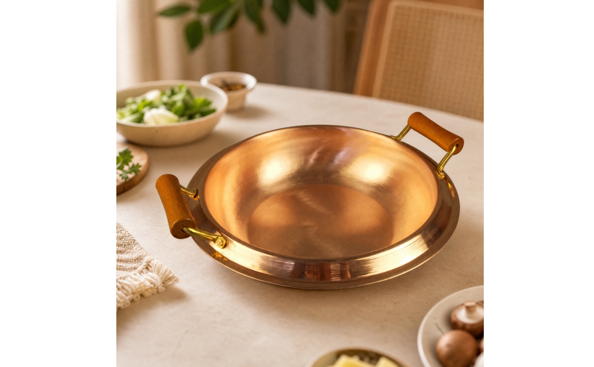 Copper Hot Pot with Wooden Handles Induction Compatible Copper Hot Pot Wide Rim