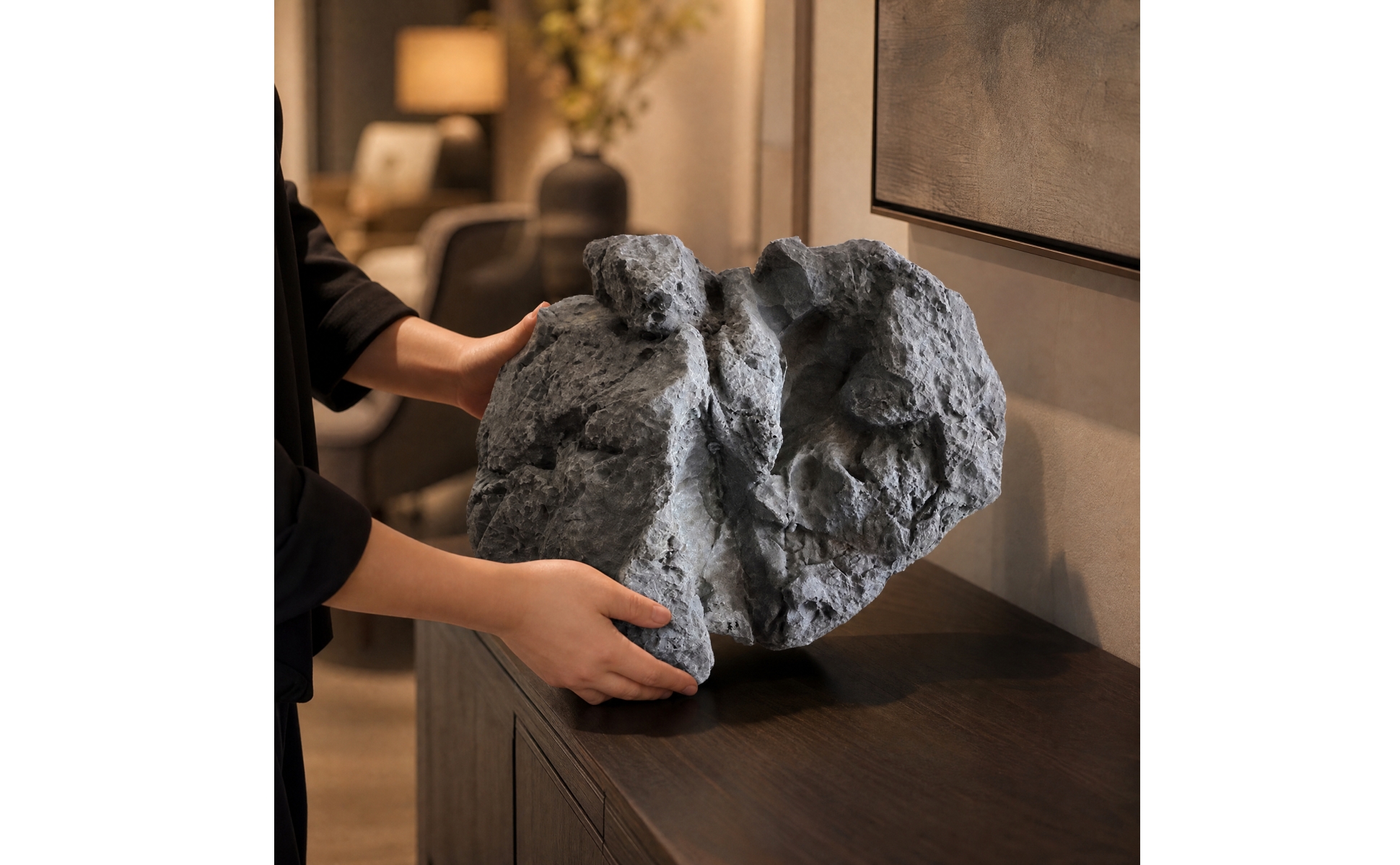 PU Decorative Rock Sculpture Grey for Indoor Landscaping, Plant Arrangements