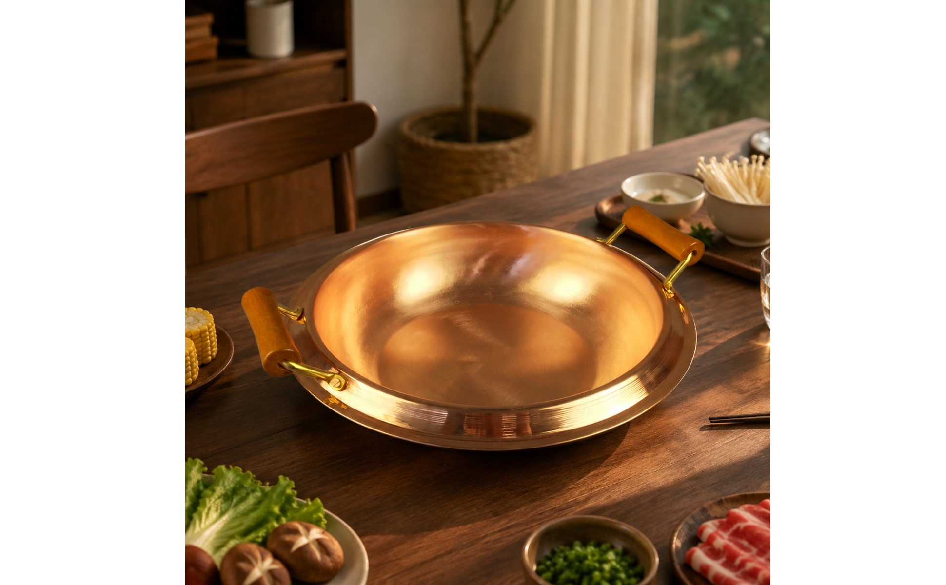 Copper Hot Pot with Wooden Handles Induction Compatible Copper Hot Pot Wide Rim