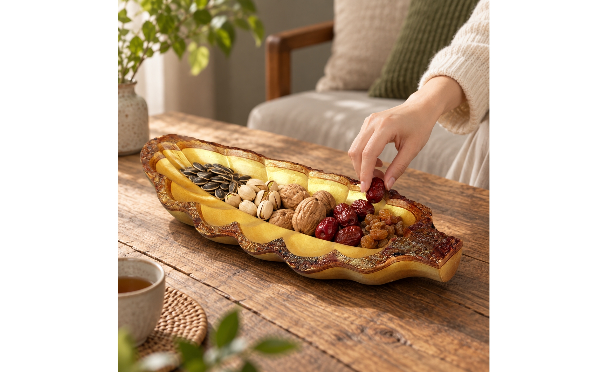 Handmade Leaf-Shaped Serving Tray Handmade Carved Mango Wood Snack Tray
