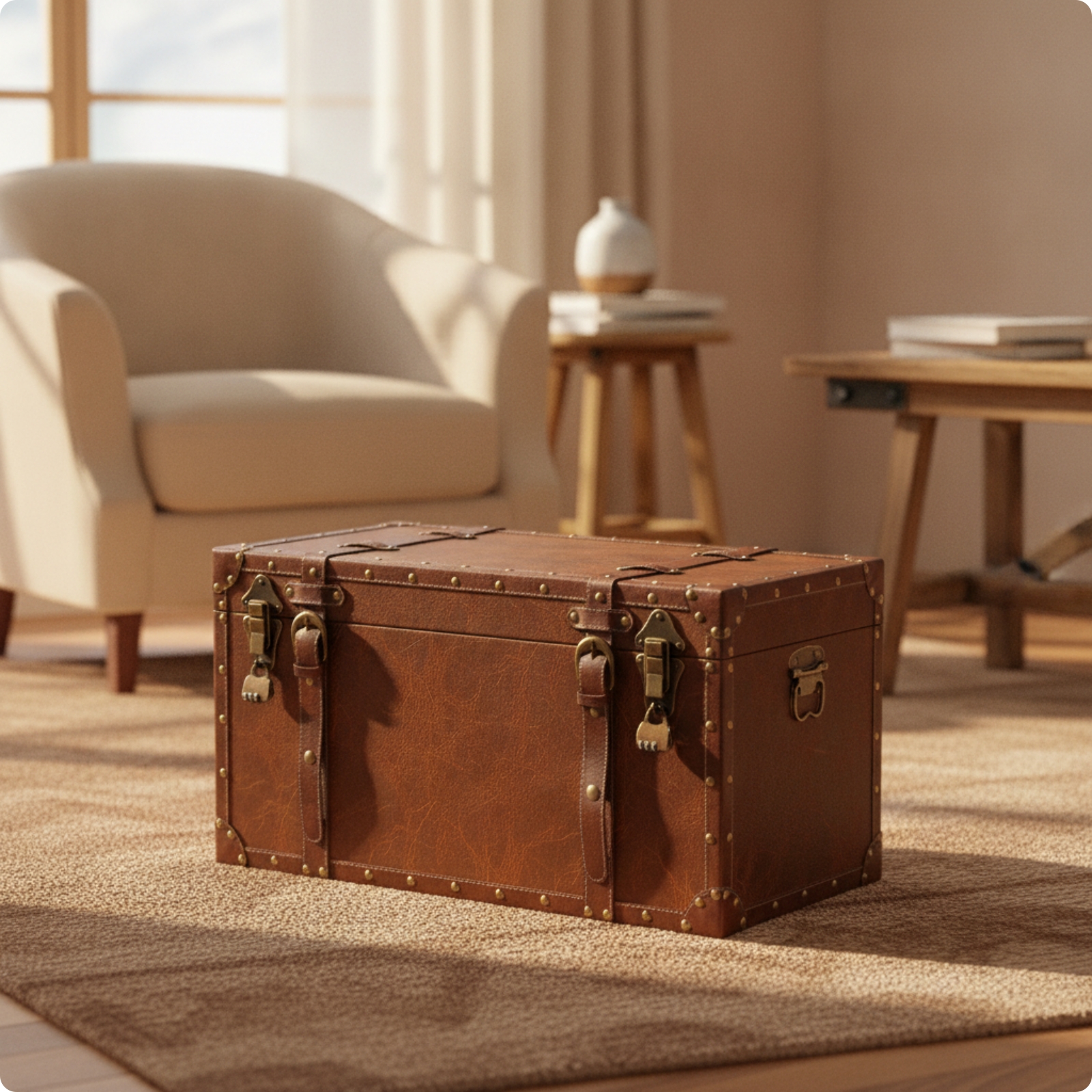 Leather-Look Storage Trunk with Metal Studs Retro Chest Farmhouse for Studio