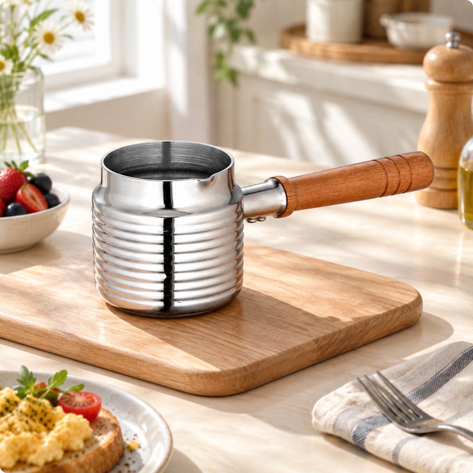 Mini Single-Handle Saucepan Compact Stainless Steel Saucepan with Wooden Handle
