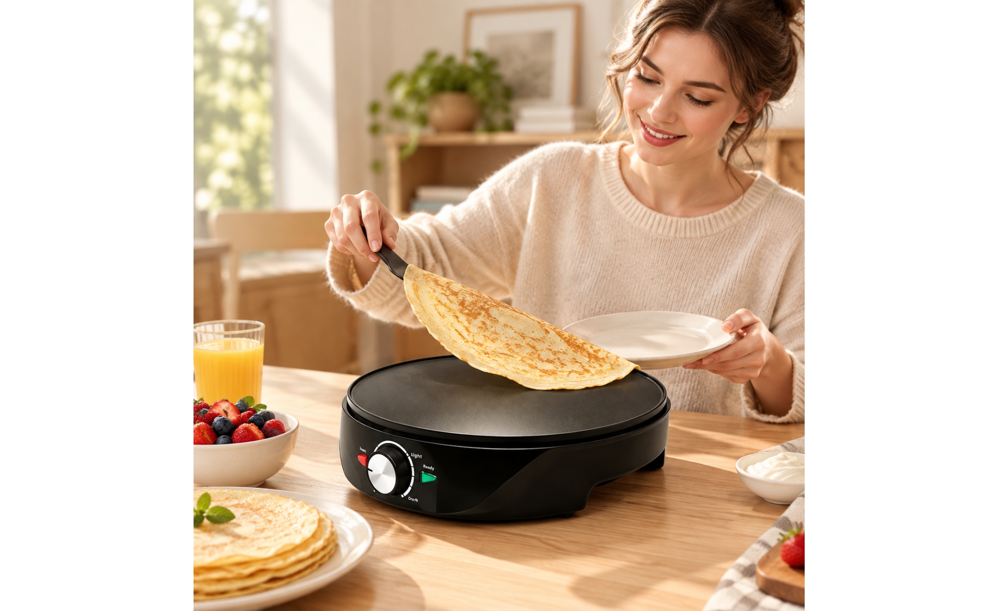 Crêpière Électrique Ronde Facile à Nettoyer Plaque de Cuisson à Crêpes Ronde