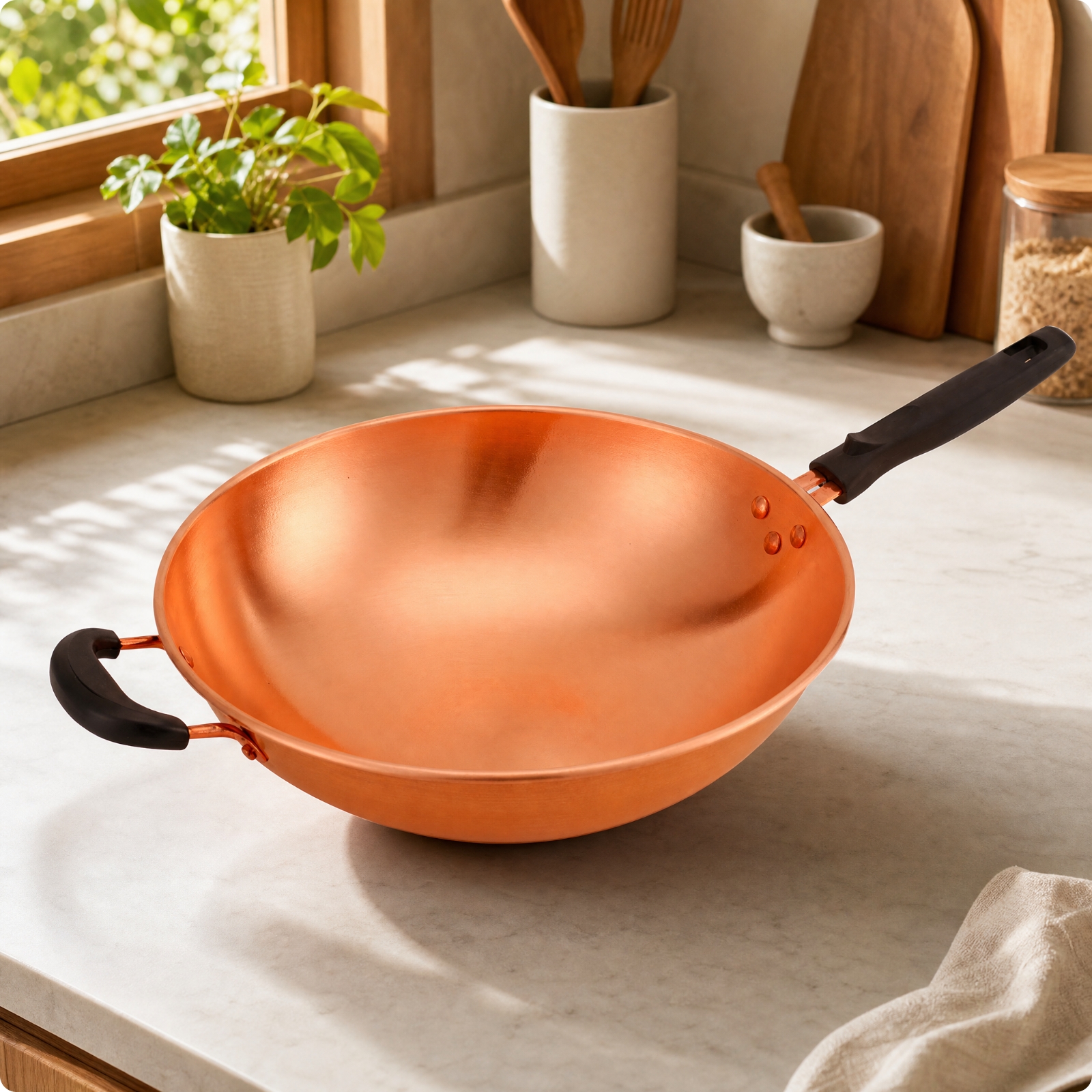 Round Copper Wok with Flat Bottom Uniform Heating Distribution for Home Cooks