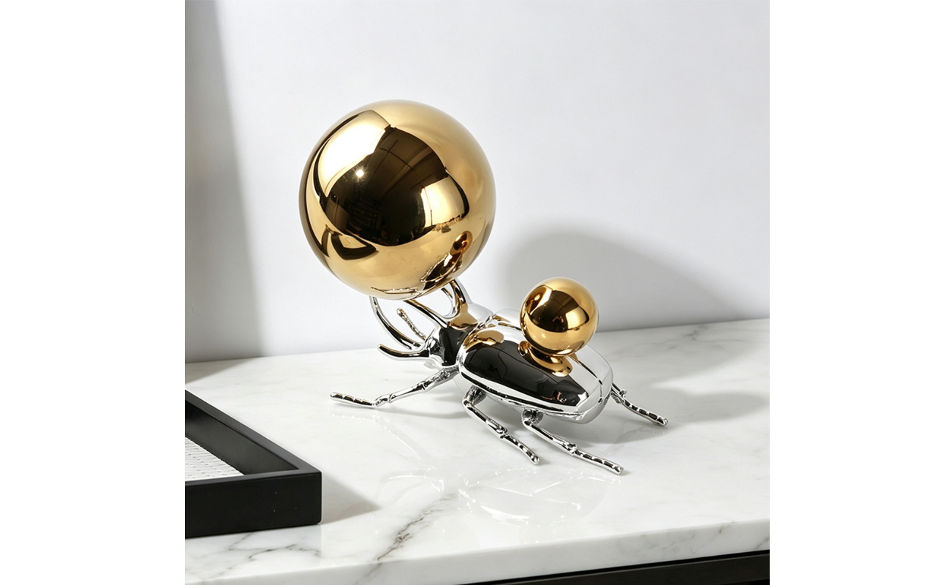 Polished Metal Beetle Figurine with Spherical Details Realistic for Shelf Decor