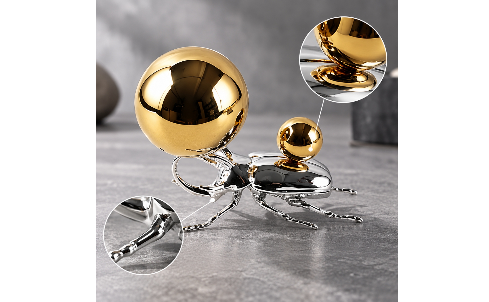 Polished Metal Beetle Figurine with Spherical Details Realistic for Shelf Decor