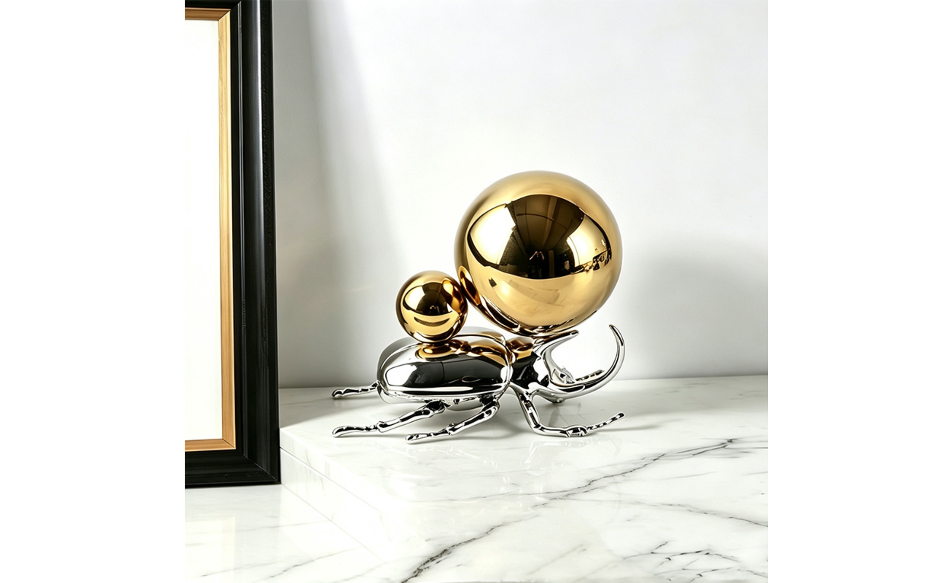 Polished Metal Beetle Figurine with Spherical Details Realistic for Shelf Decor