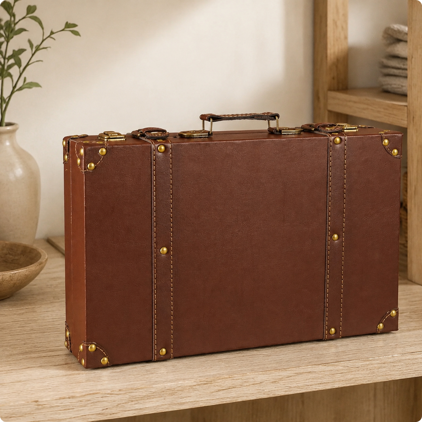 Leather-Look Storage Trunk with Metal Spacious Keepsake Box Antique