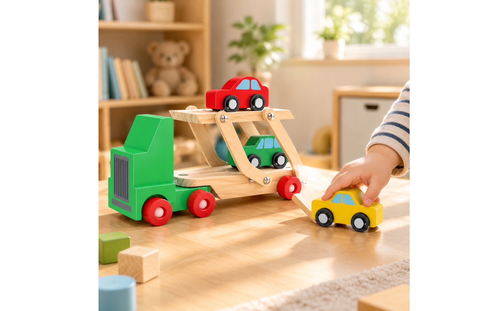 Zweistufiger Autotransporter aus Holz zweistufig für Spielzimmer, Schlafzimmer