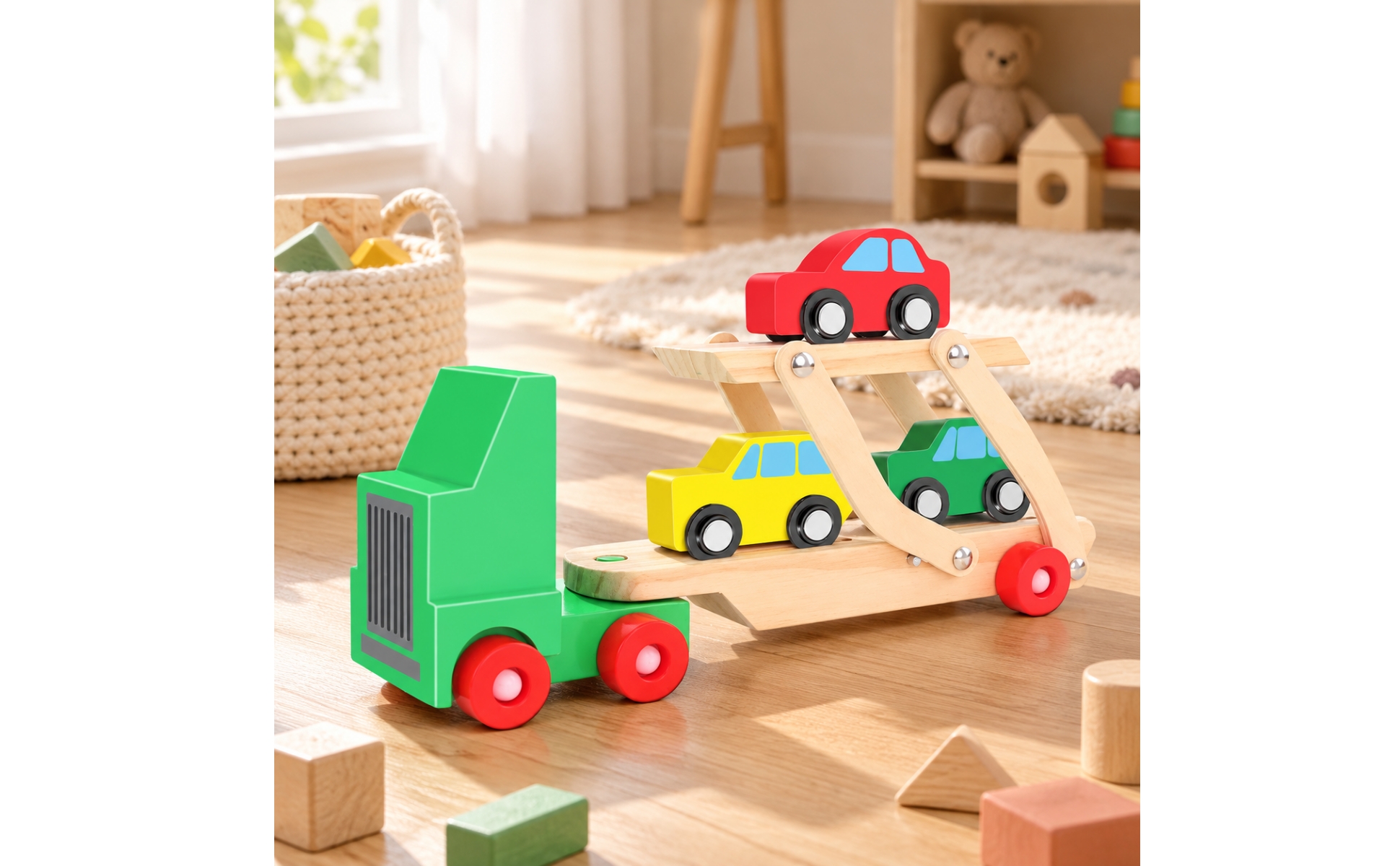 Zweistufiger Autotransporter aus Holz zweistufig für Spielzimmer, Schlafzimmer