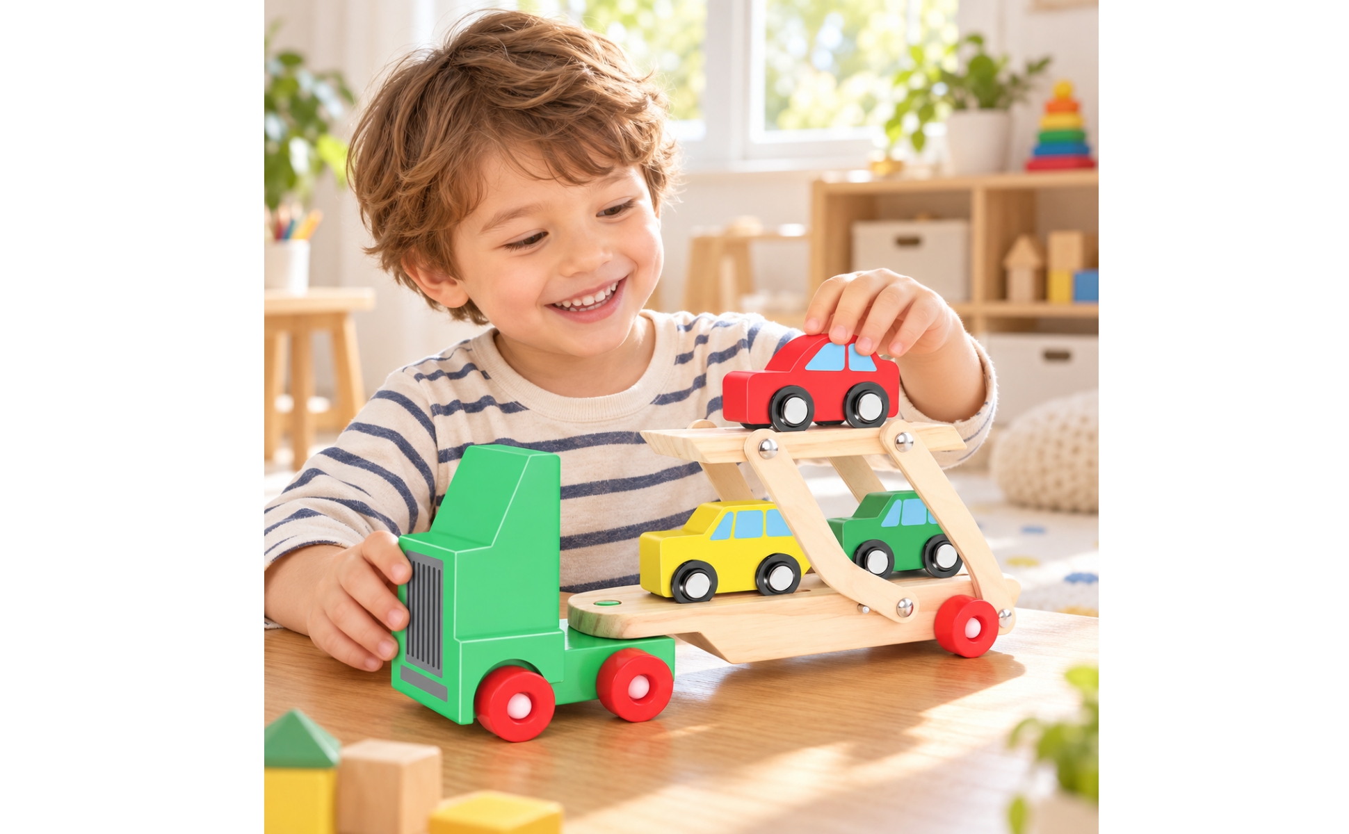Zweistufiger Autotransporter aus Holz zweistufig für Spielzimmer, Schlafzimmer