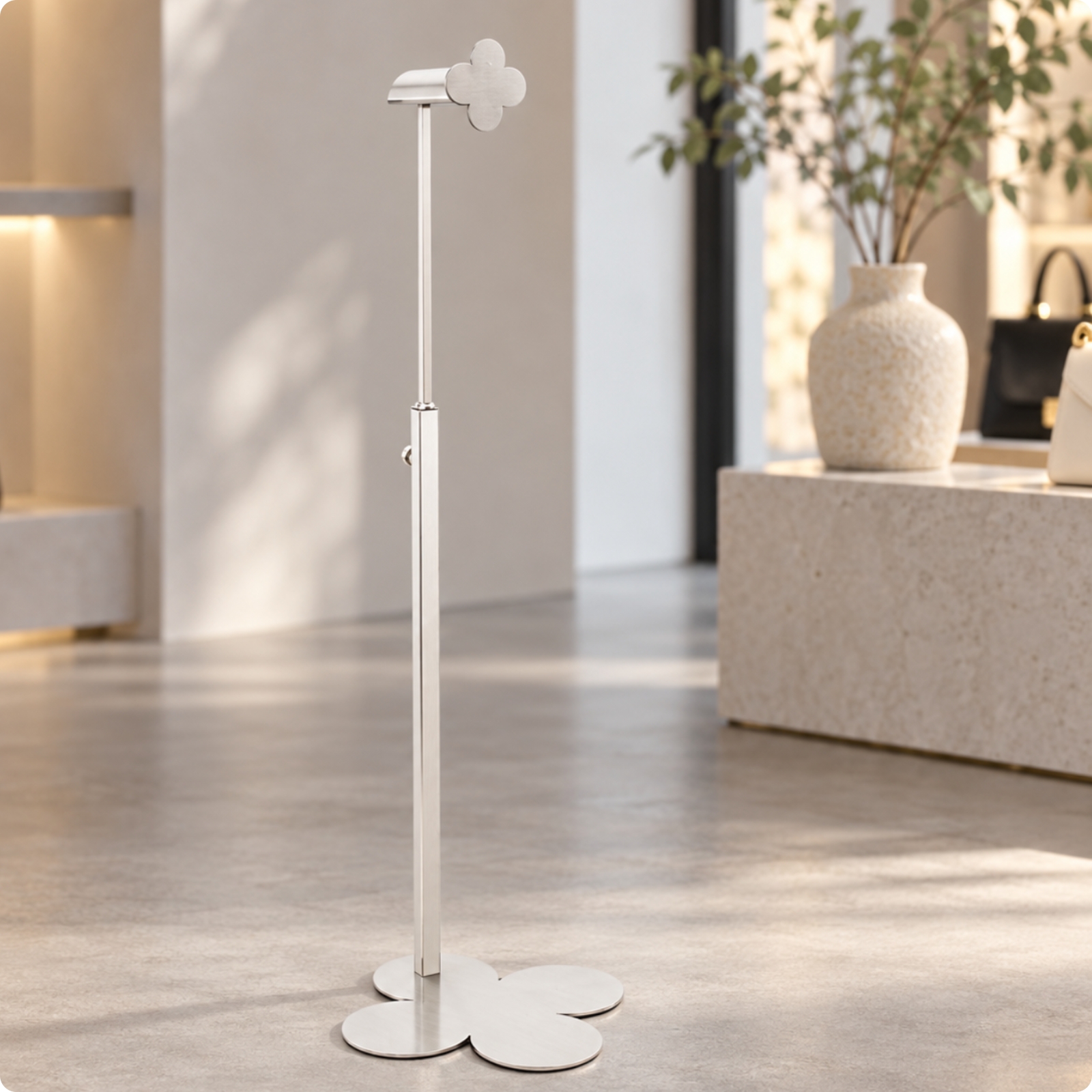 Freestanding Handbag Rack with Clover Base Slim Adjustable Handbag Display Stand