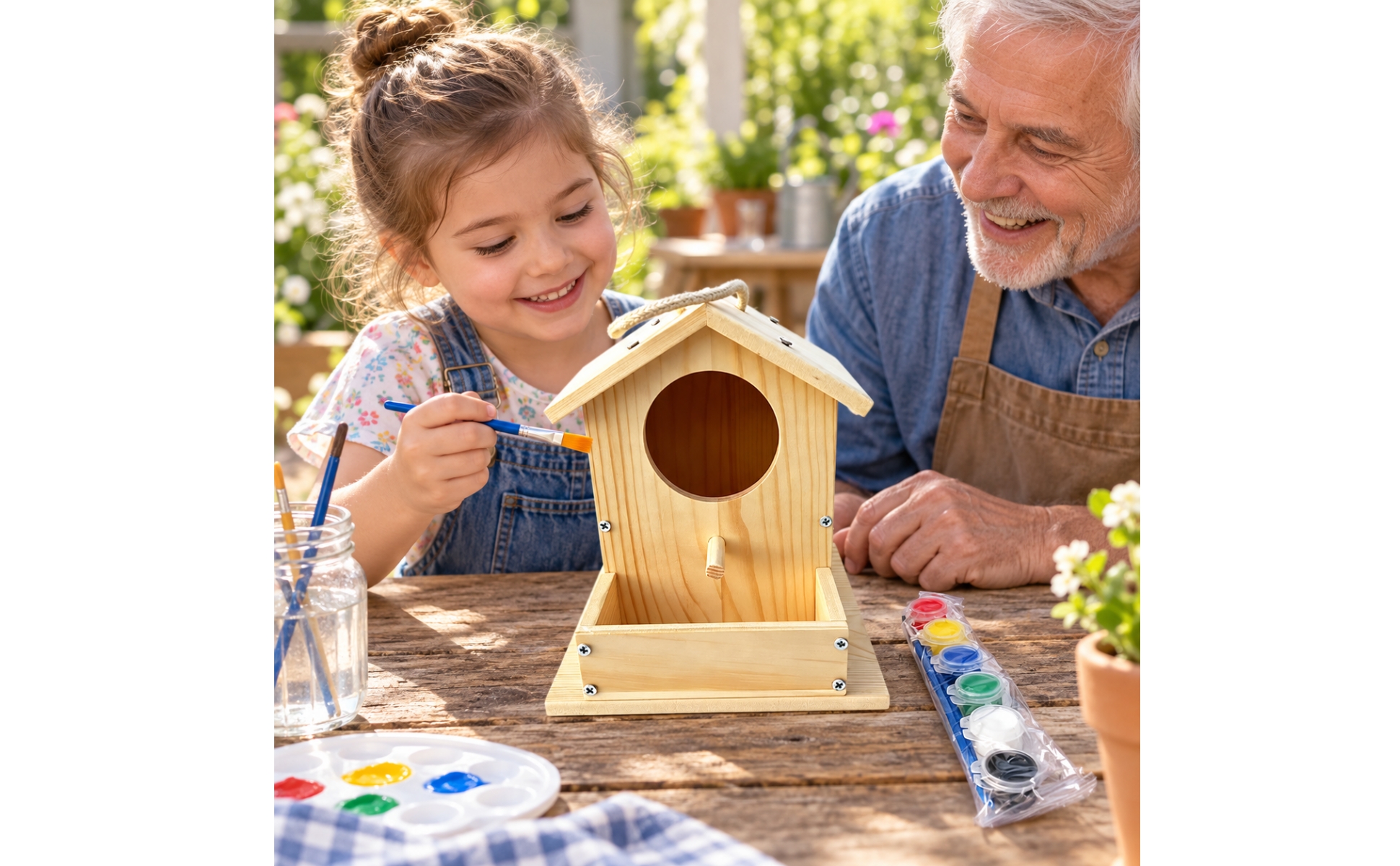 Unfinished Wood Birdhouse with Paint Containers Rustic for Garden, Families