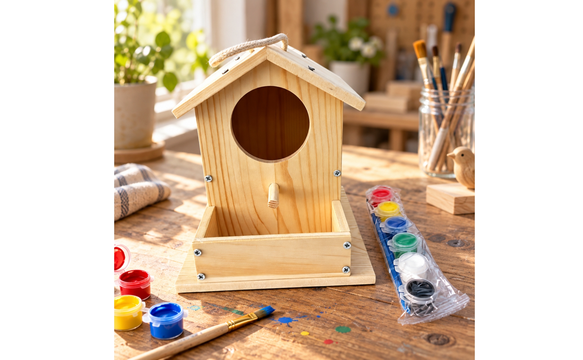 Unfinished Wood Birdhouse with Paint Containers Rustic for Garden, Families