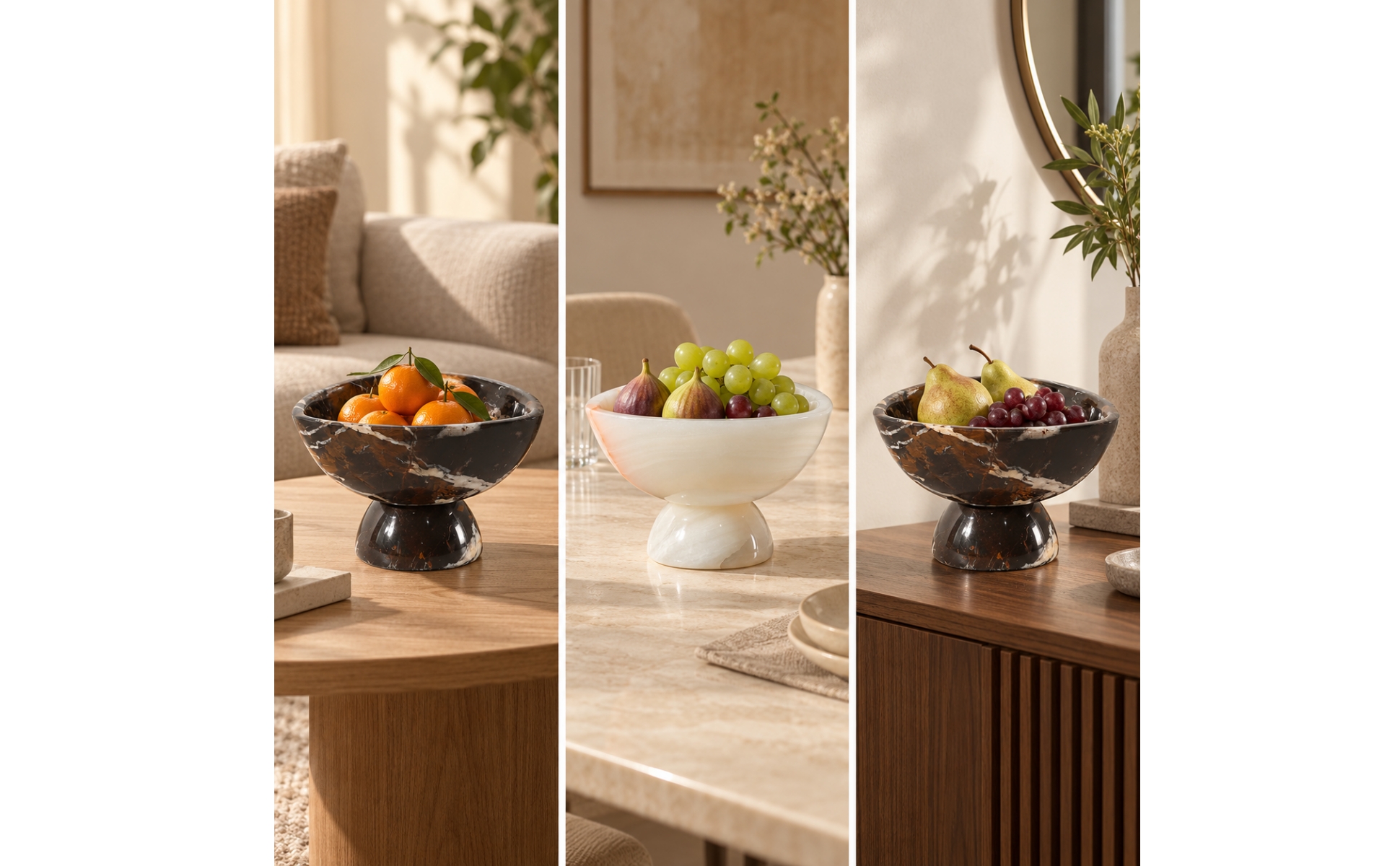 Marble Fruit Tray Polished Finish Shallow Marble Bowl with Pedestal Base