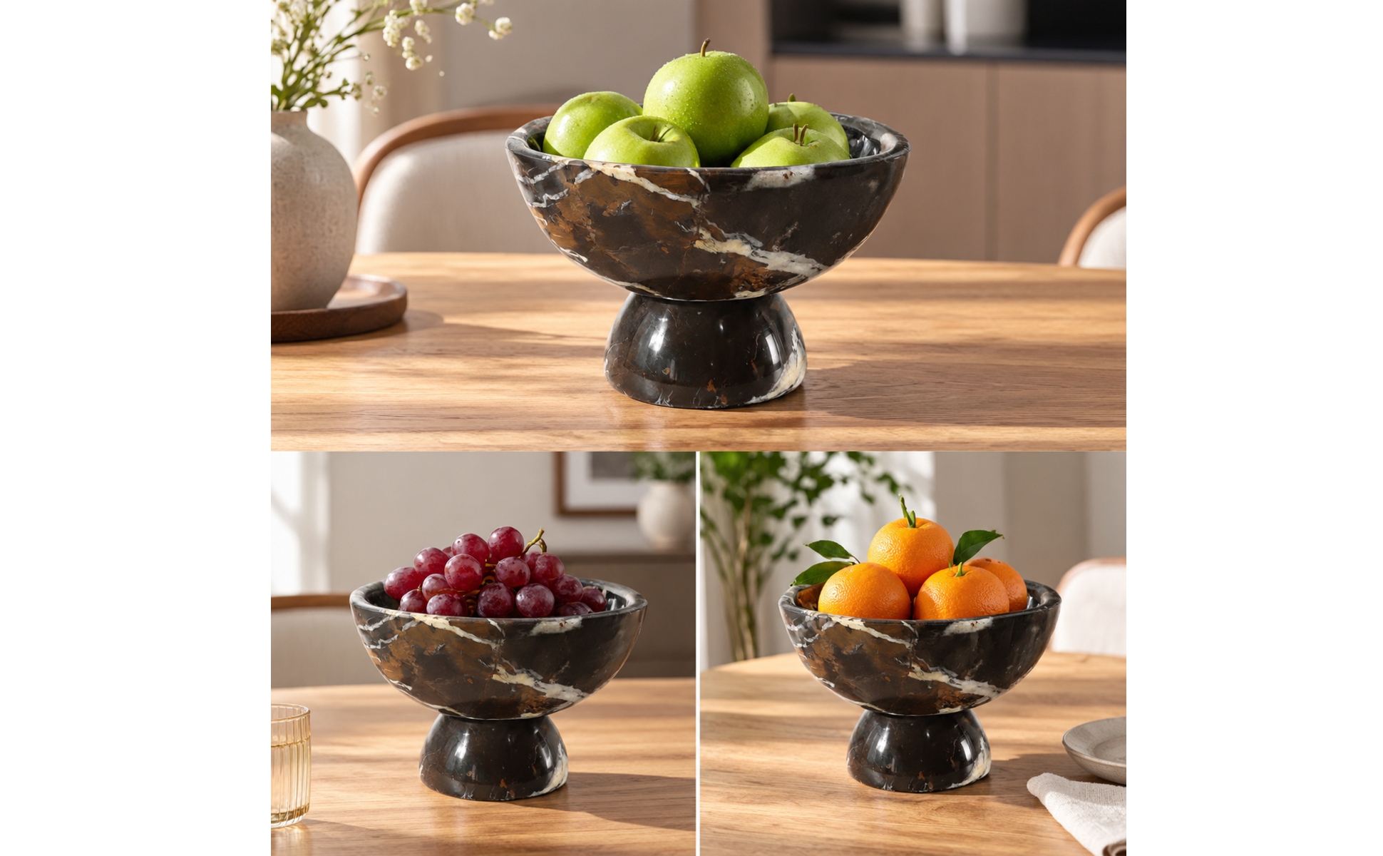 Marble Fruit Tray Polished Finish Shallow Marble Bowl with Pedestal Base