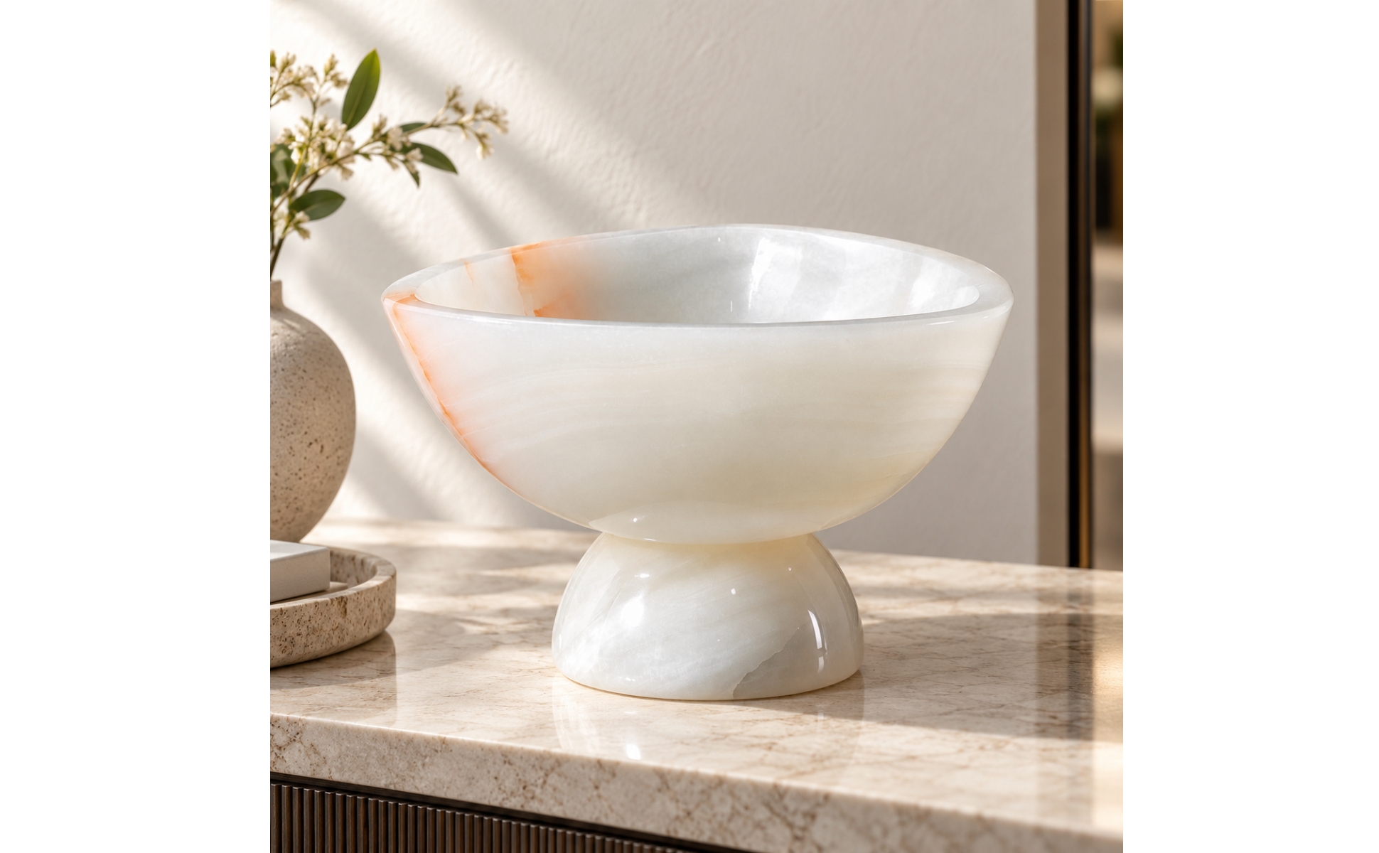 Marble Fruit Tray Polished Finish Shallow Marble Bowl with Pedestal Base