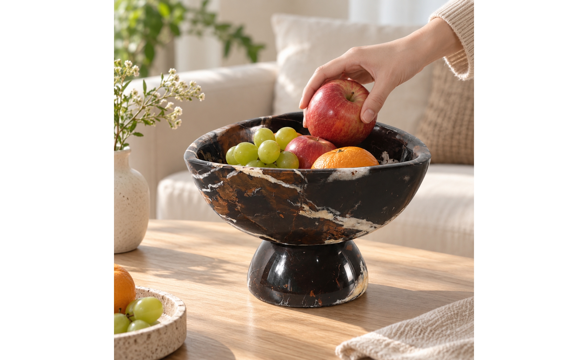 Marble Fruit Tray Polished Finish Shallow Marble Bowl with Pedestal Base