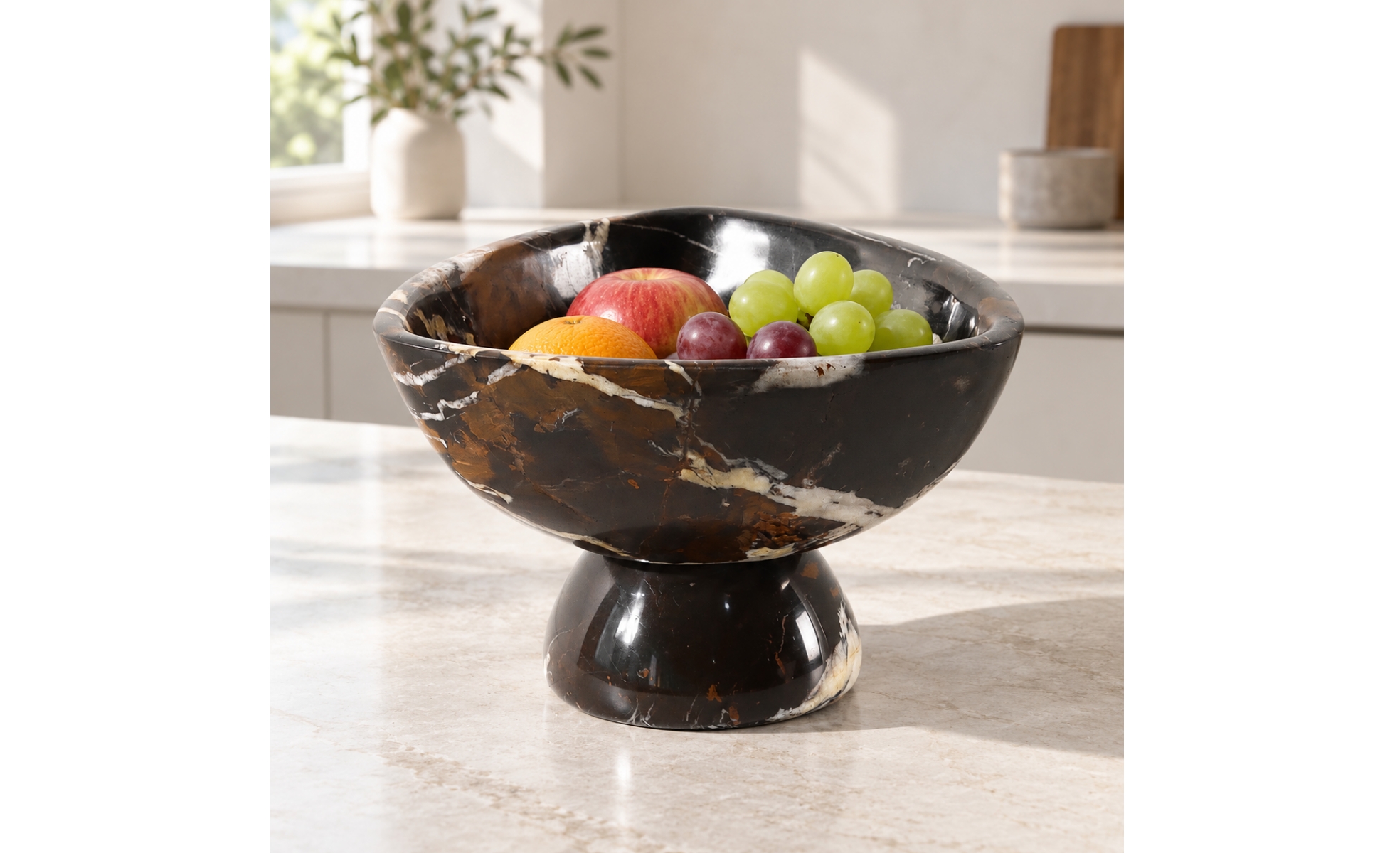 Marble Fruit Tray Polished Finish Shallow Marble Bowl with Pedestal Base
