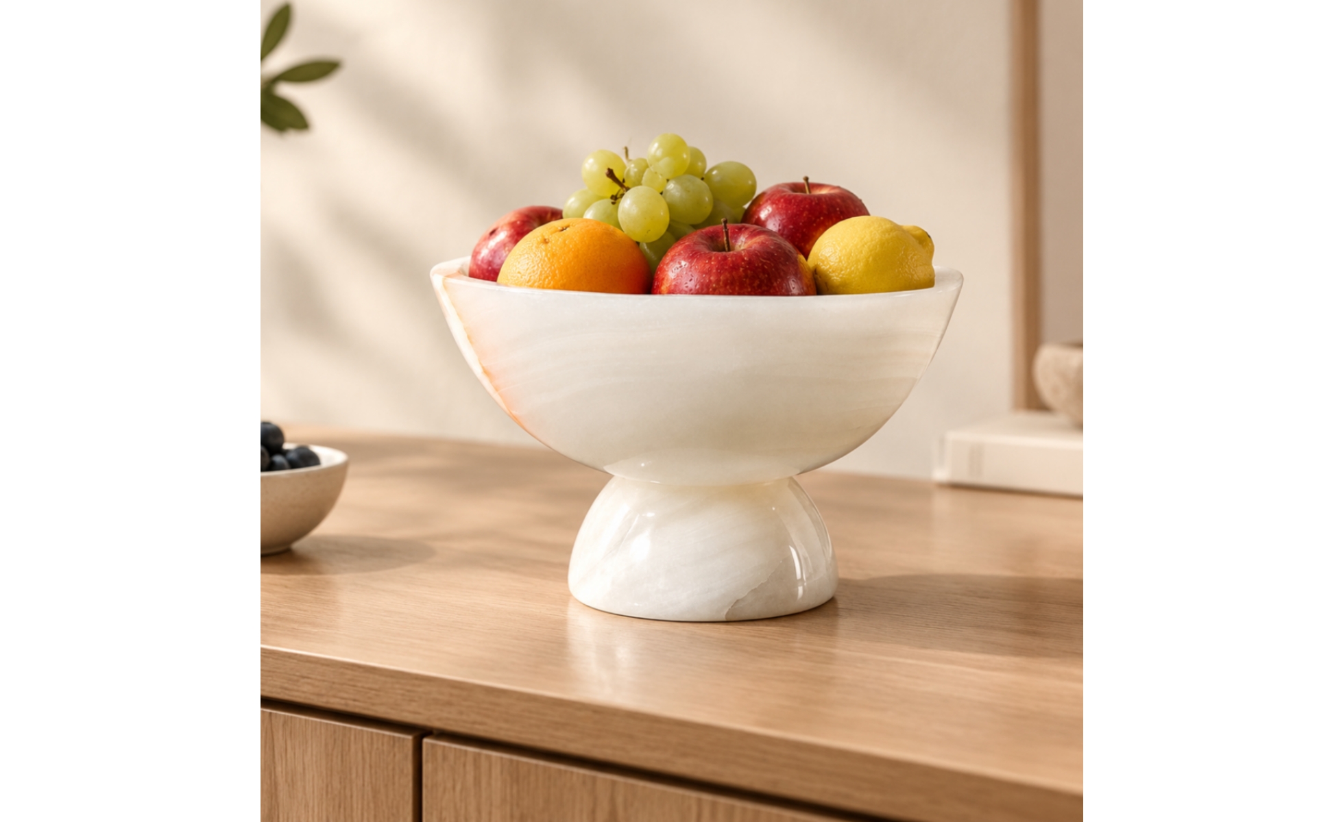 Marble Fruit Tray Polished Finish Shallow Marble Bowl with Pedestal Base